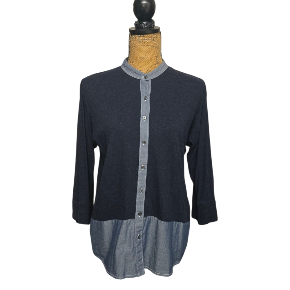 GAP Two-tone 3/4 Sleeve Mix-fabric Henley Top Shirt Sz Medium Blue